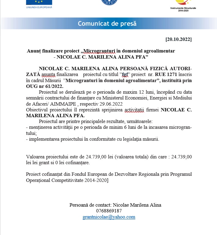 Anunț finalizare proiect „Microgranturi în domeniul agroalimentar – NICOLAE C. MARILENA ALINA PFA”