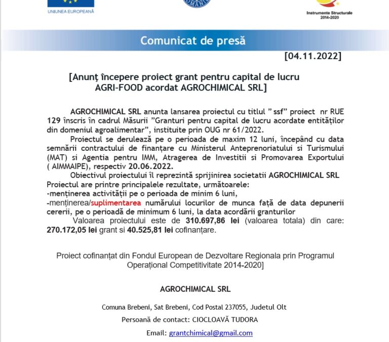 Anunţ începere proiect grant pentru capital de lucru  AGRI-FOOD acordat AGROCHIMICAL SRL