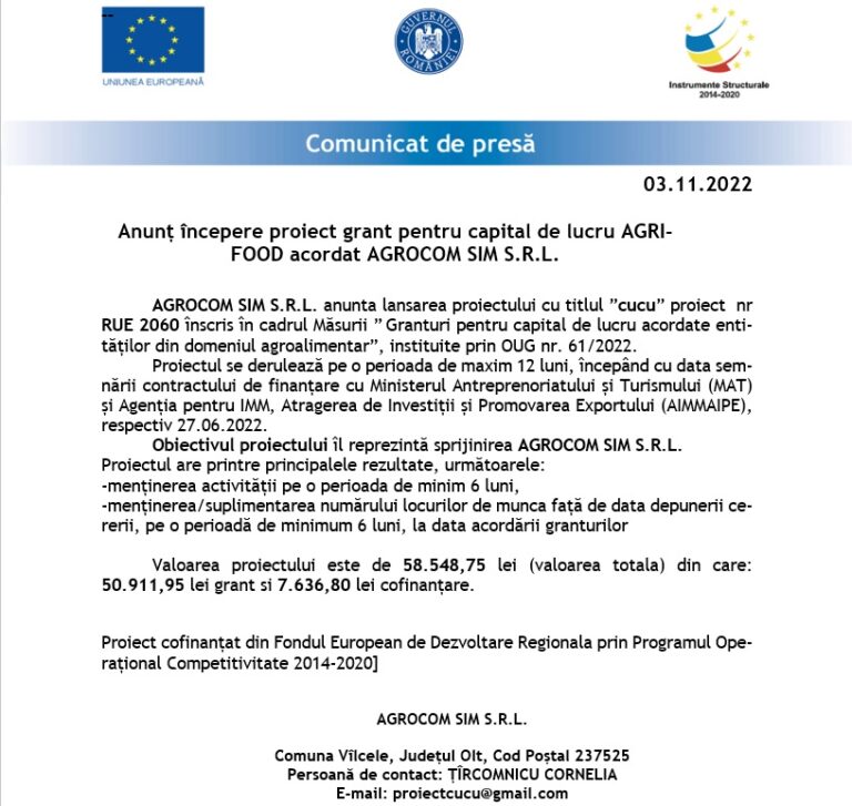 Anunț începere proiect grant pentru capital de lucru AGRI-FOOD acordat AGROCOM SIM S.R.L.