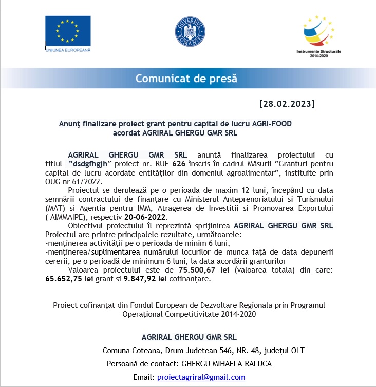 Anunţ finalizare proiect grant pentru capital de lucru AGRI-FOOD acordat AGRIRAL GHERGU GMR SRL