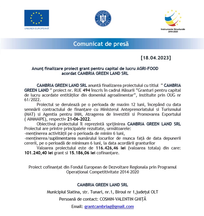 Anunţ finalizare proiect grant pentru capital de lucru AGRI-FOOD acordat CAMBRIA GREEN LAND SRL